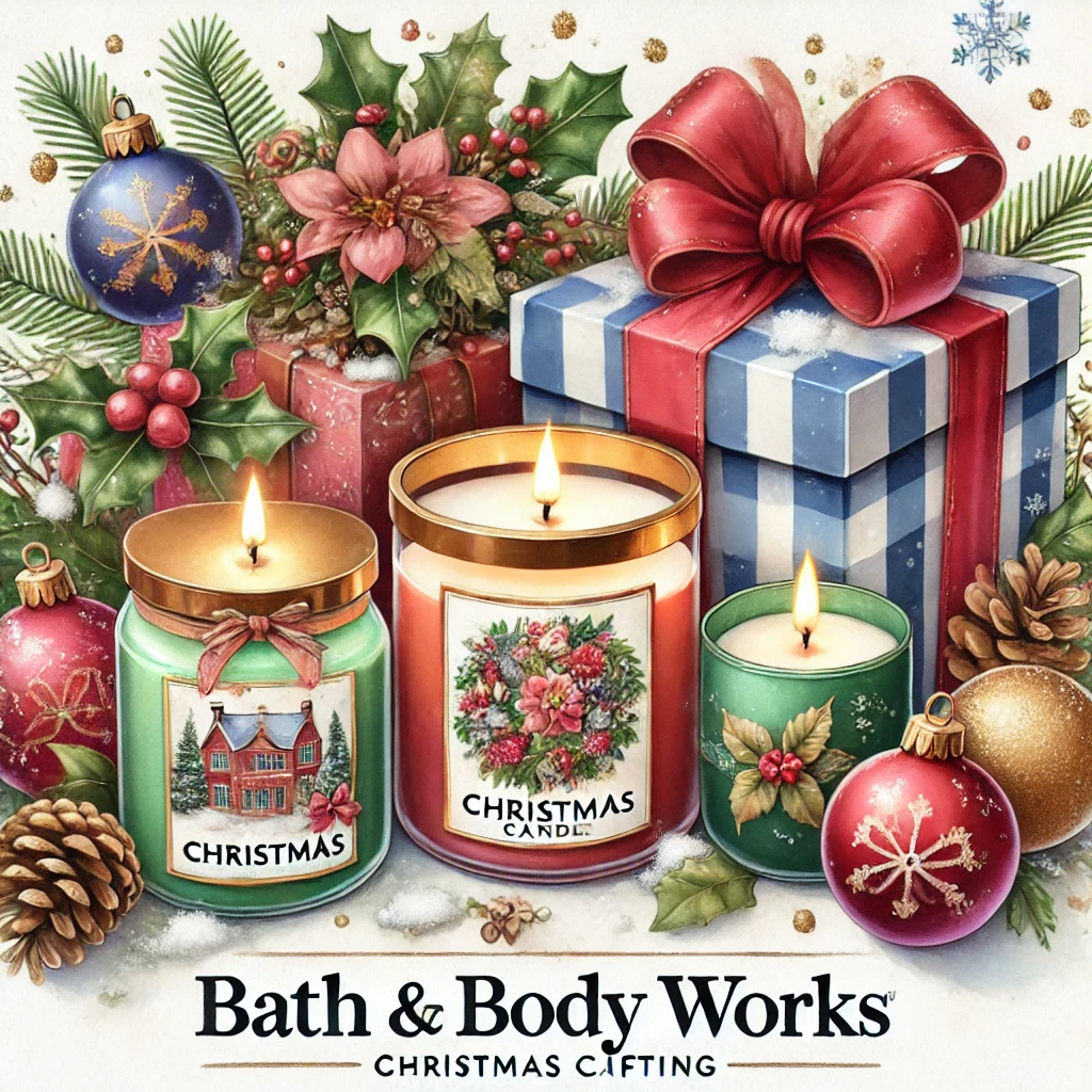 A beautiful watercolor painting showing a festive collection of Bath and Body Works Christmas candles for gifting.