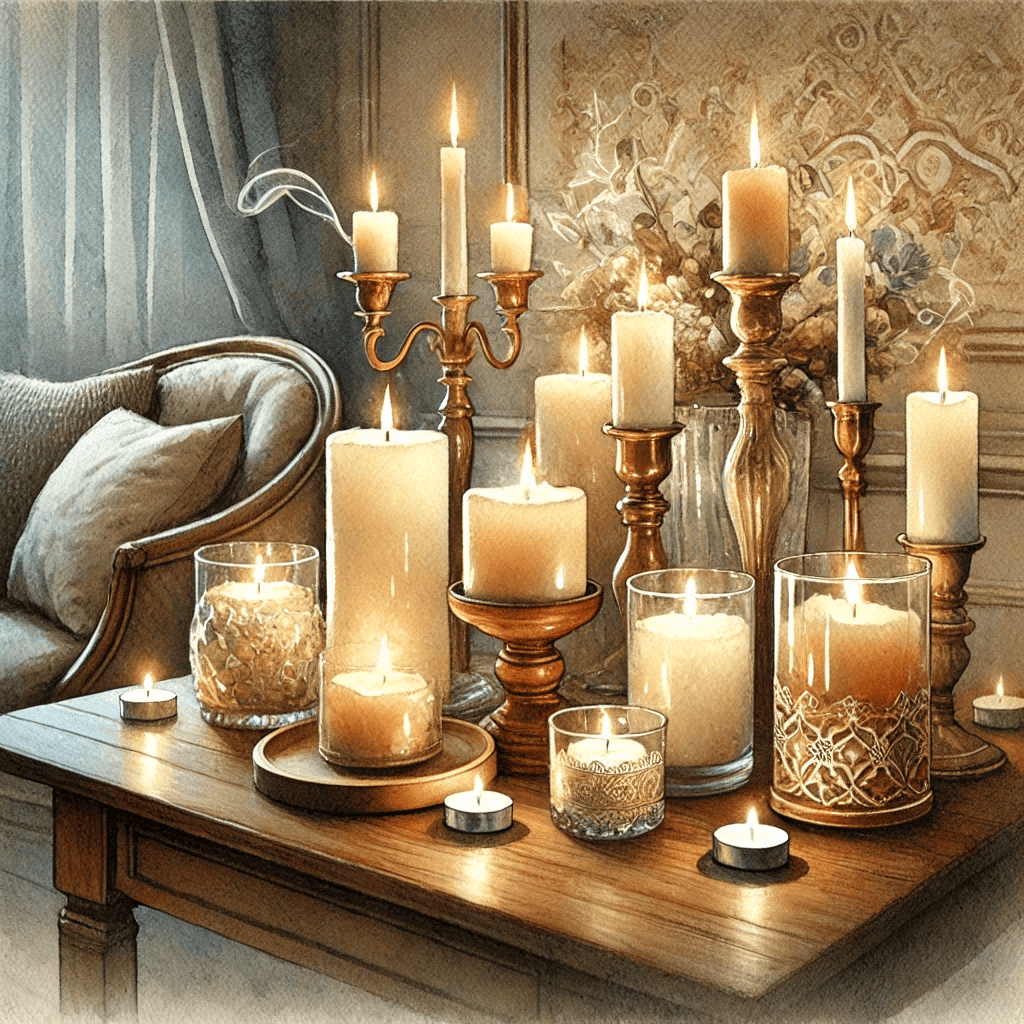 A watercolor painting of a cozy and intimate space showcasing the best candles to create the perfect ambiance. 