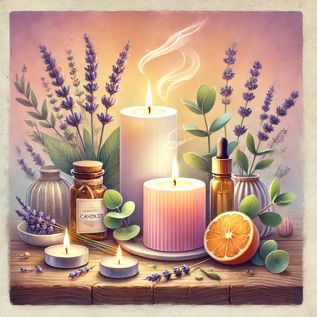 A square watercolor painting illustrating the topic 'Best Non-Toxic Candles That Smell Amazing and Stay Safe.