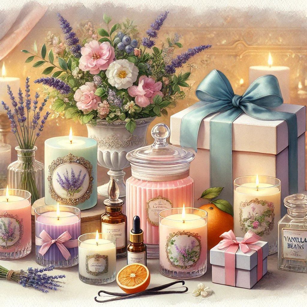 A soft watercolor painting of a beautiful gift set of scented candles for every occasion, displayed on an elegant table.