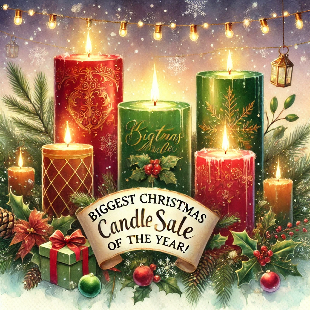 A festive watercolor painting celebrating the 'Biggest Christmas Candles Sale of the Year!