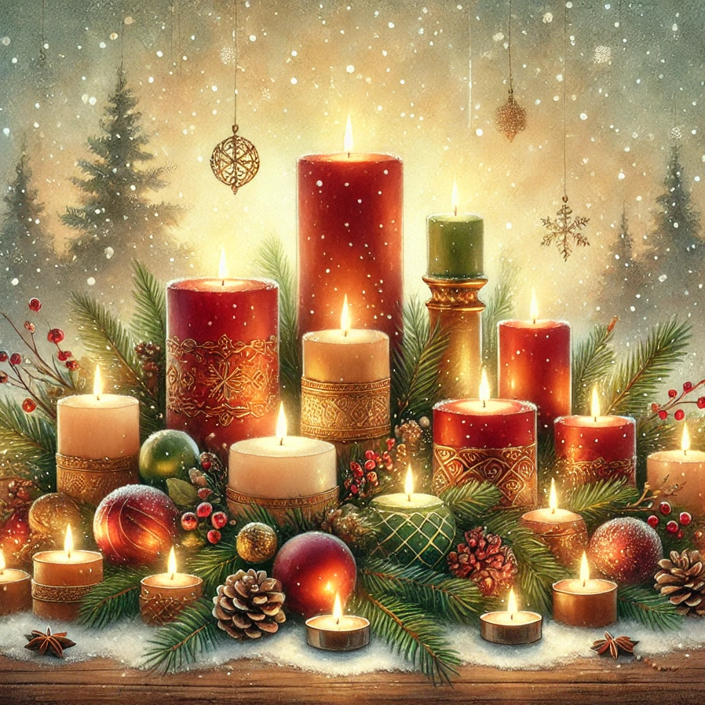 A cozy watercolor painting of Christmas candles arranged on a decorative table. The scene features beautifully lit candles in various sizes, surrounded by festive decorations like pinecones and evergreen sprigs.