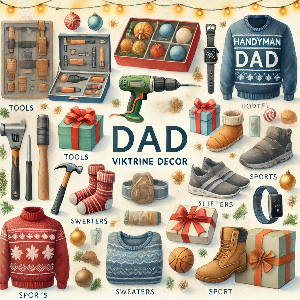 A watercolor painting of Christmas gifts arranged for different types of dads. One section shows tools and gadgets for a handyman dad, like hammers and drills.