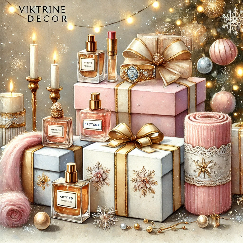 A watercolor painting of Christmas gifts for her that feel special, featuring elegant, feminine gifts such as jewelry, perfume, luxurious scarves, and beauty products. 