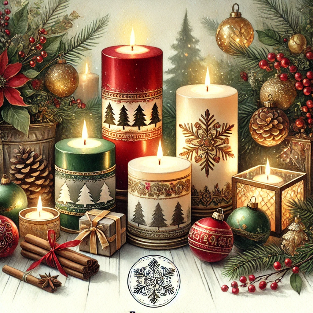 A cozy Christmas scene in watercolor style, focusing on beautifully arranged festive candles.