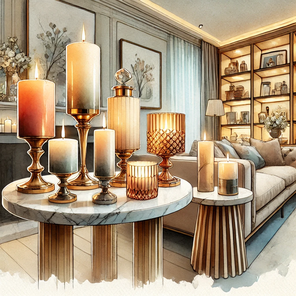 A beautiful watercolor painting of designer candles arranged in an elegant living room setting.