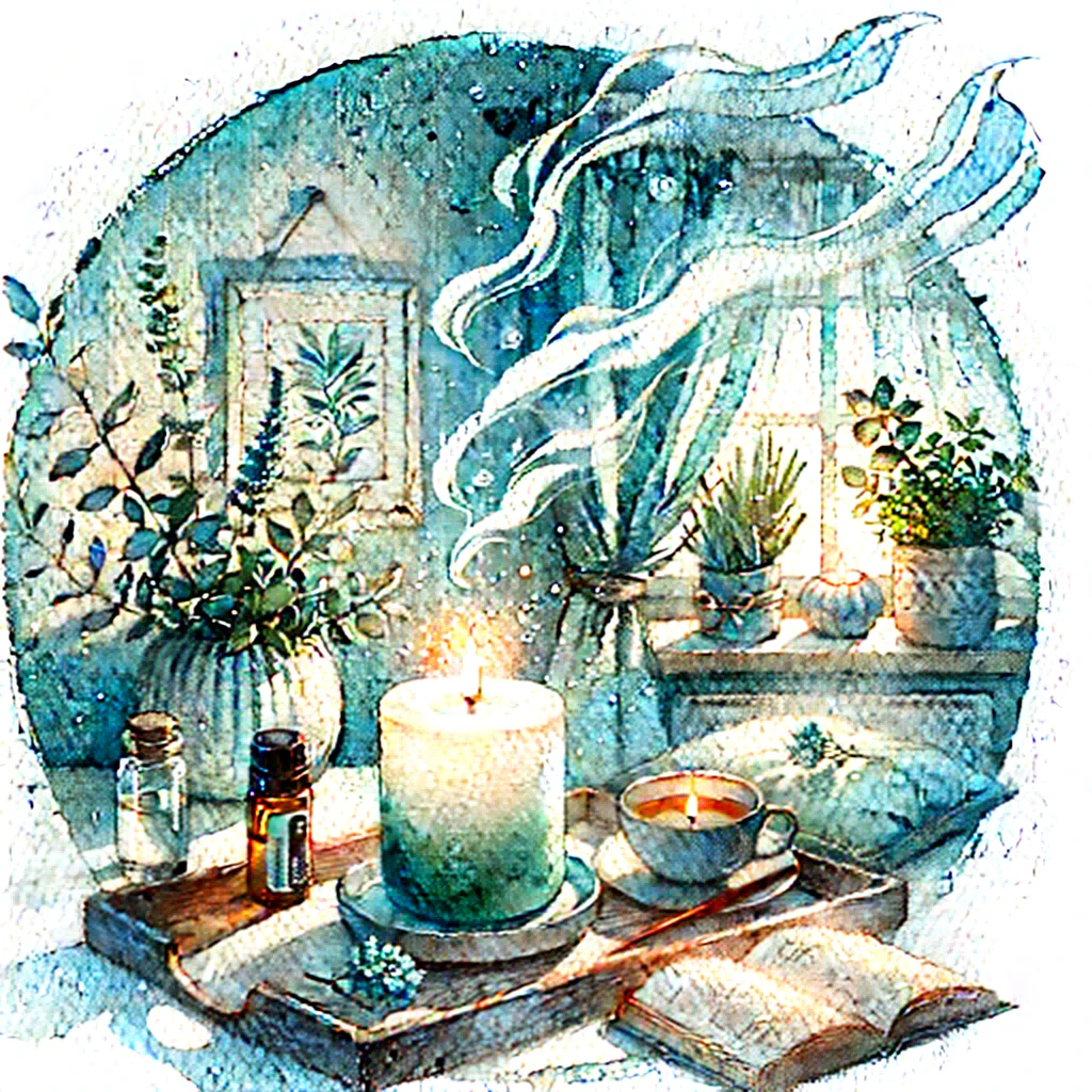 A soothing watercolor painting that illustrates the benefits of burning essential oil candles daily.