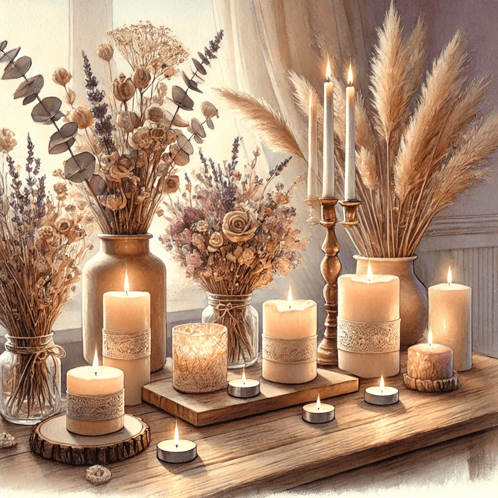 A watercolor painting of a cozy interior space elevated with handmade candles and dried flowers.