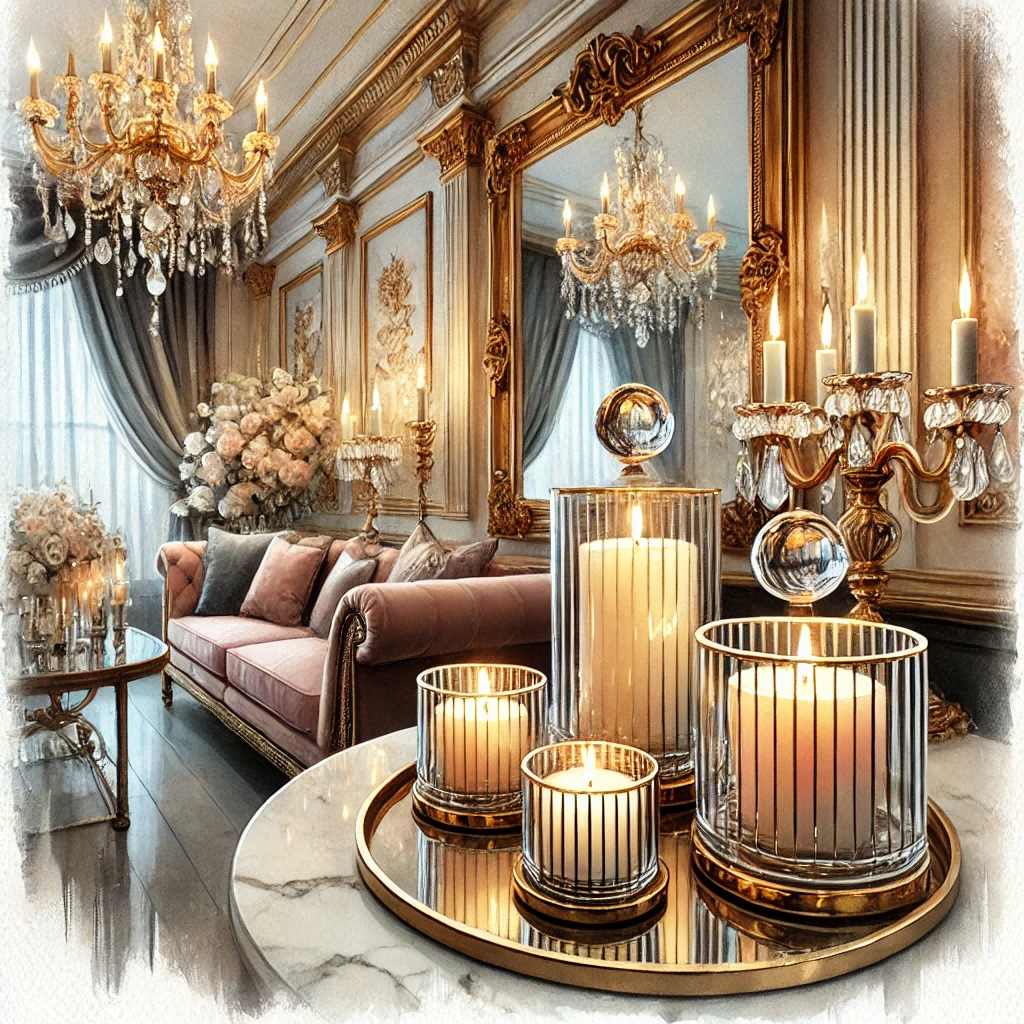 A luxurious scene featuring elegant candles in an opulent setting, styled in watercolor. The candles are in sleek glass containers with golden accents, glowing warmly, placed on a marble table.