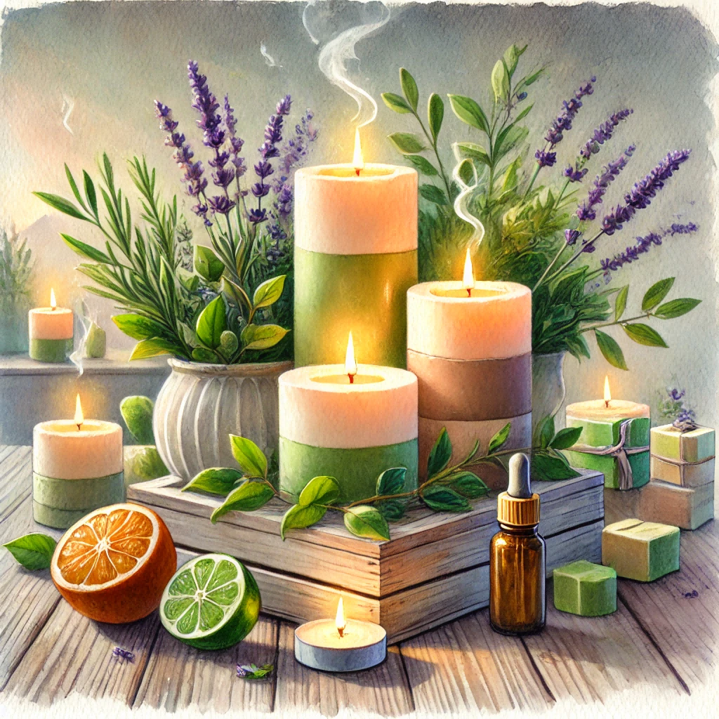 A square watercolor painting illustrating the topic 'Natural Candles for a Healthier Home and Happier You.