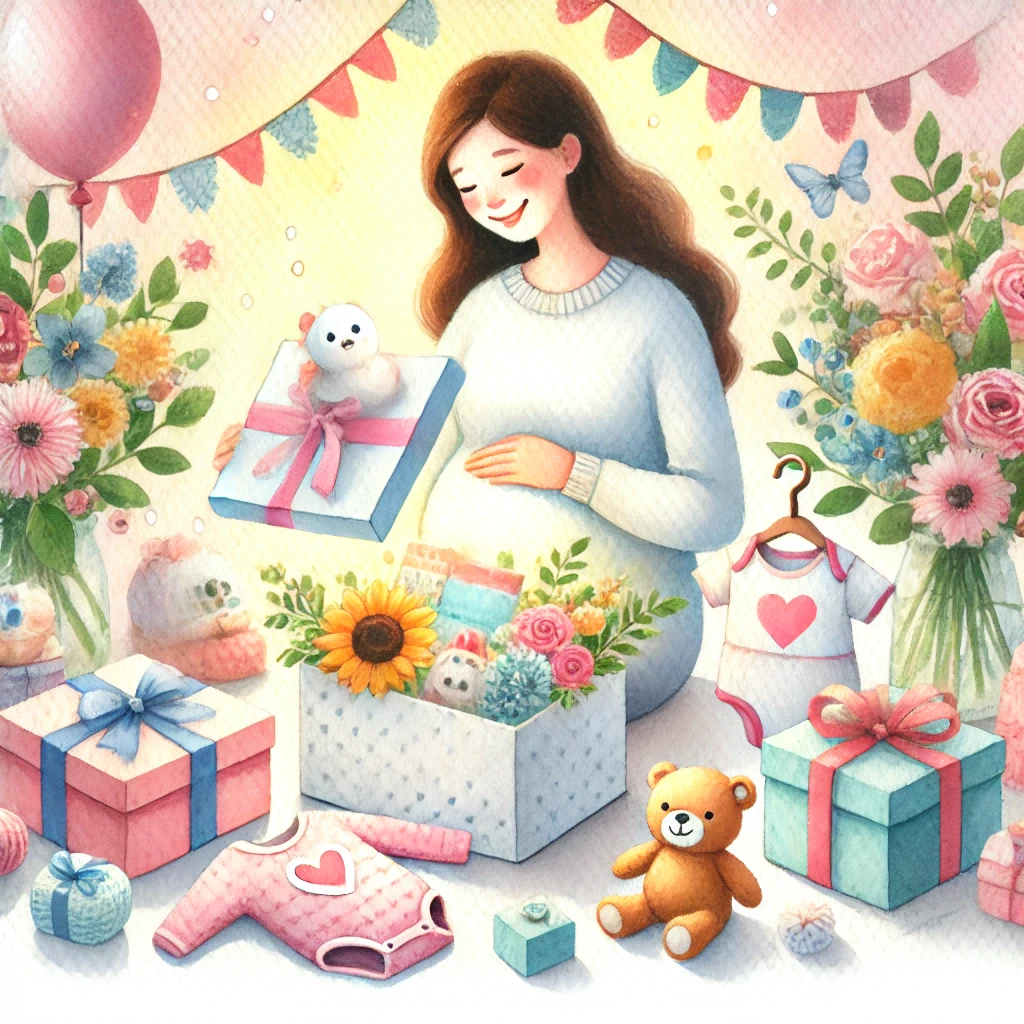 A watercolor painting showing a pregnant woman glowing with happiness while opening a gift box filled with thoughtful items like a cozy baby blanket, bright flowers, and a cute plush toy.