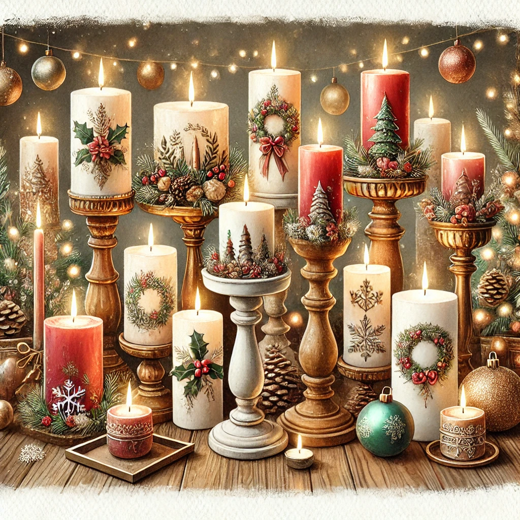 A beautiful watercolor painting of decorative Christmas candles arranged elegantly on a holiday table.