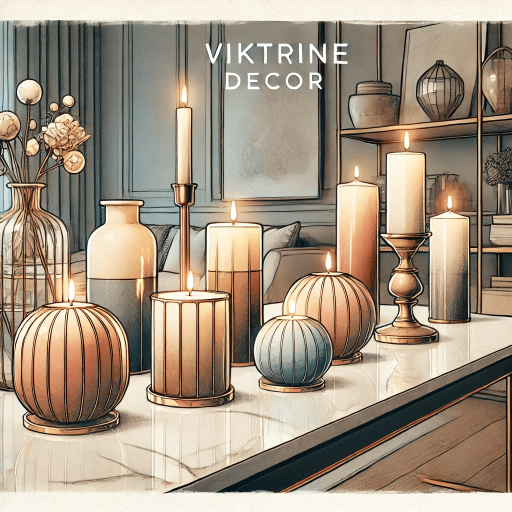 A beautiful watercolor-style image of decorative candles in a stylish, elegant room. The candles are of various sizes and designs, featuring soft pastels, earthy tones, and metallic accents.