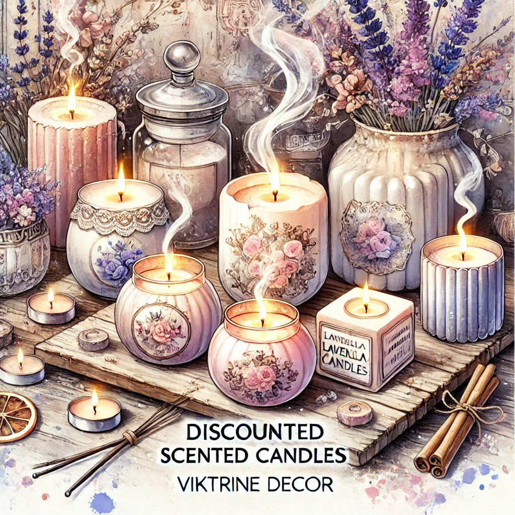 A detailed watercolor painting of discounted scented candles that smell amazing. The scene displays a cozy and elegant arrangement of various scented candles, placed in decorative jars, with soft pastel hues like lavender, vanilla, and rose.