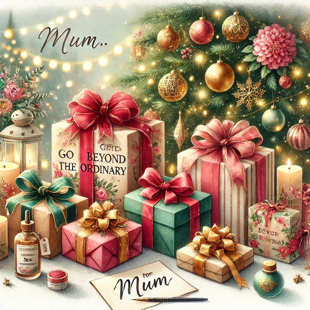 A festive watercolor painting showcasing Christmas gifts that go beyond the ordinary for a mum. The painting features creatively wrapped presents in elegant red, gold, and green shades, arranged under a beautifully decorated Christmas tree.