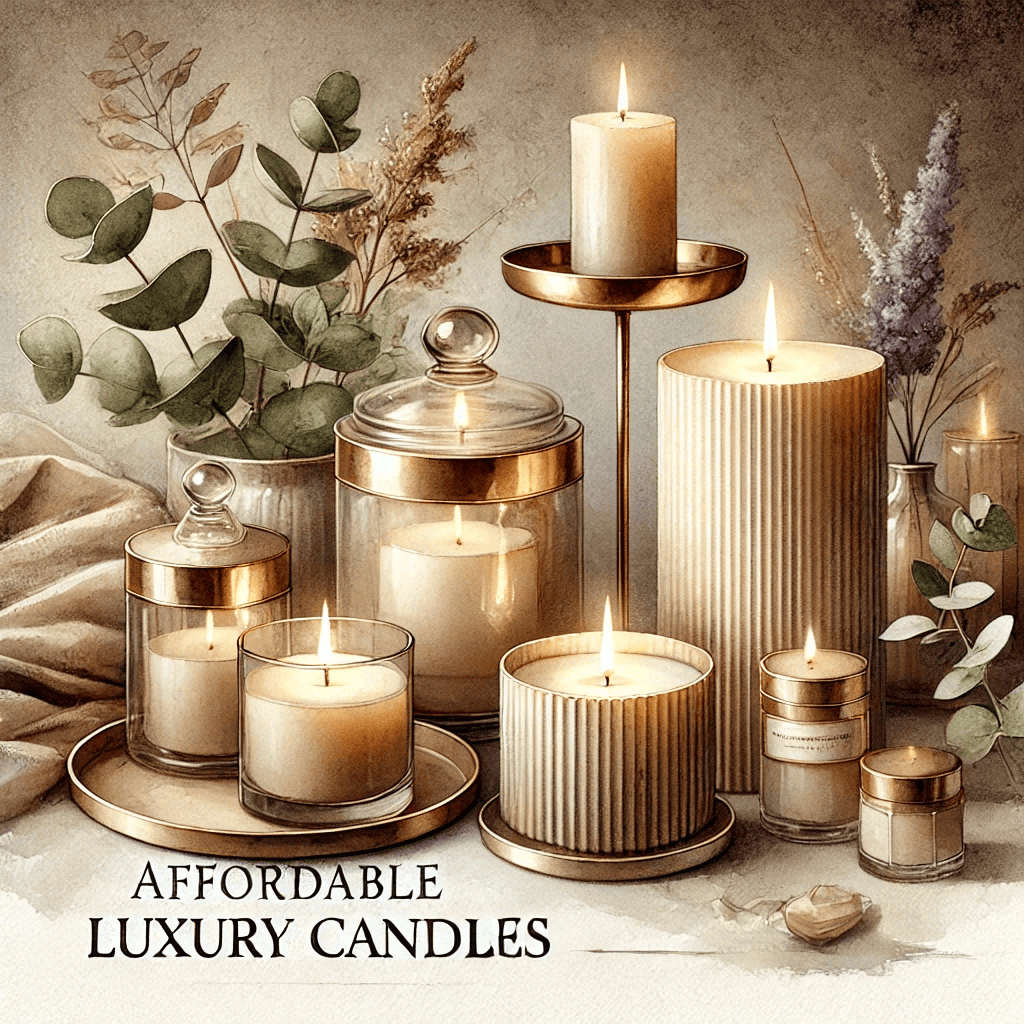 A watercolor painting of affordable luxury candles in a tranquil and relaxing setting. The candles are stylishly arranged in elegant containers on a soft surface, with muted lighting creating a calm atmosphere.