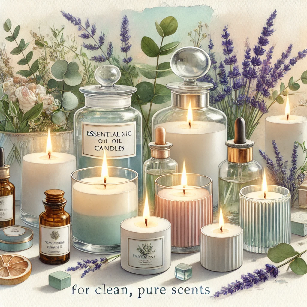 A calming watercolor painting showcasing a collection of non-toxic essential oil candles for clean, pure scents. The scene features elegantly designed candles in glass jars, emitting soft, serene flames.