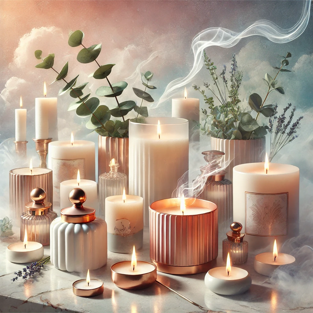 A peaceful, luxurious scene featuring premium scented candles, artistically arranged on a wooden or marble surface.