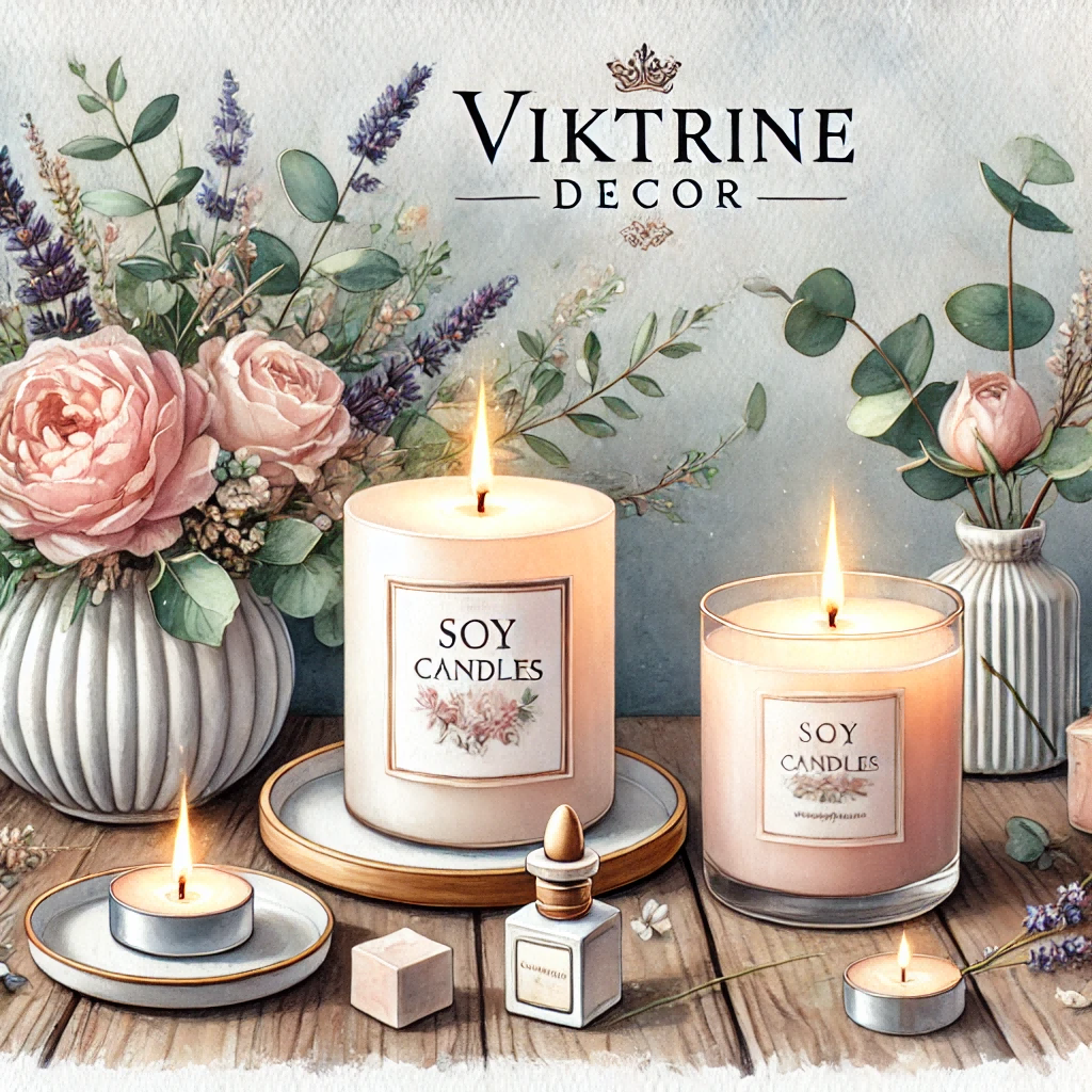 A watercolor-style illustration of luxurious soy candles, with soft pastel tones in a cozy and elegant UK-inspired setting.