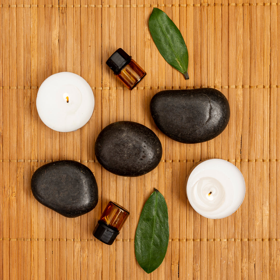 Top view decoration with stones and candles